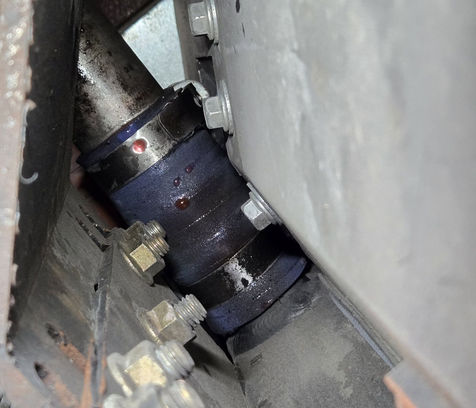 Coolant hose coupler and clamps on a 2021 Tiffin Allegro Bus motorhome in Carpinteria